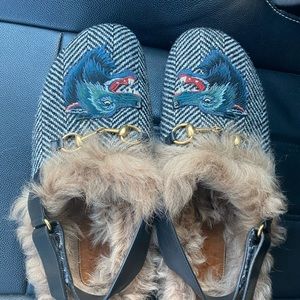 Gucci Black Men’s Fur Herringbone Slippers